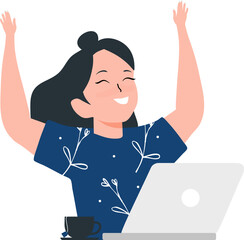 Woman Working on Laptop with a Happy and Successful Expression