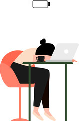 Tired burnout working woman or student sitting at a table and laptop