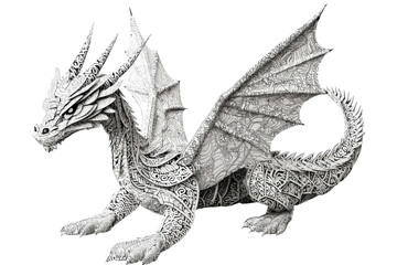 Ornate stone dragon isolated on PNG transparent background, cut out