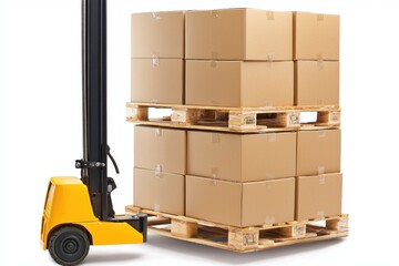 Yellow Forklift with Cardboard Boxes on Wooden Pallet Stack