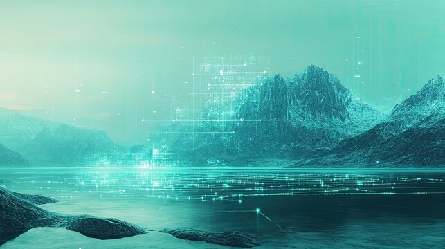 Serene alpine lake reflecting futuristic digital data matrix visualization
