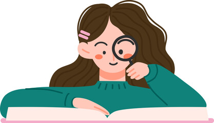 Girl reading a interesting book with magnifying glass design elements illustration