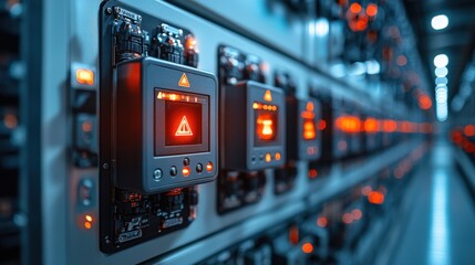 Close-up of illuminated control panels in a high-tech facility with warning indicators and machinery