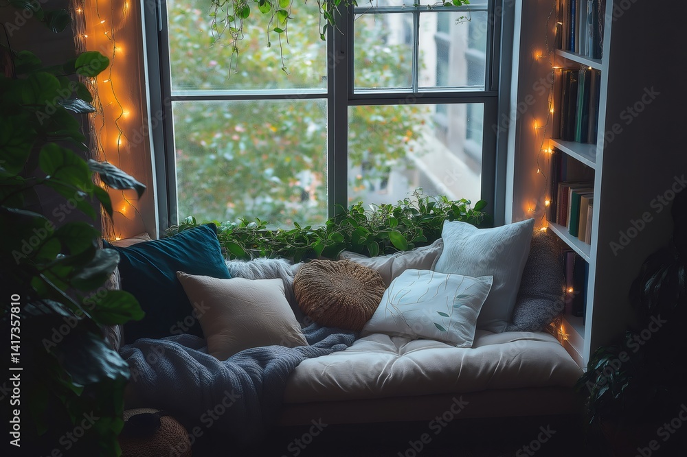 Poster cozy futon with cushions and blanket by the window in a relaxing reading nook with plants and string
