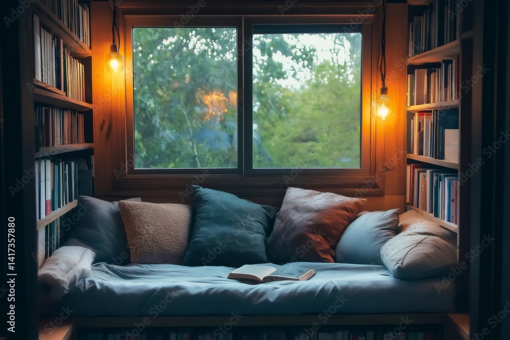 Poster cozy reading nook with an open book surrounded by bookshelves and illuminated by warm lights, creati