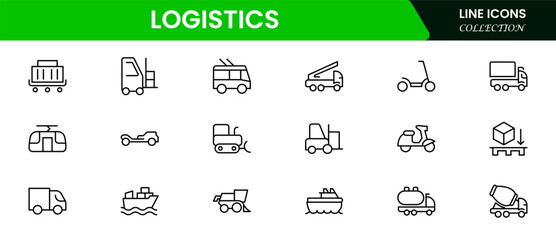 Logistics icon set. Containing distribution, shipping, transportation, delivery, cargo, freight, route planning, supply chain, export and import icons.