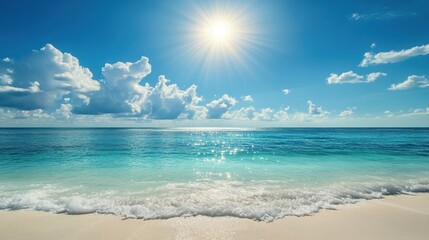 Tropical Paradise with Turquoise Water, White Sandy Beach, and Bright Sunburst in High Resolution