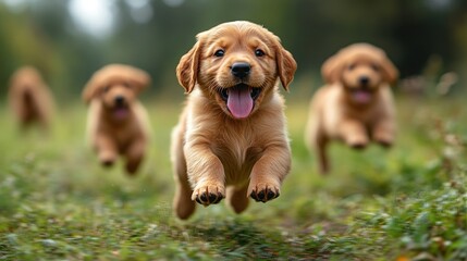 Adorable golden retriever puppies running and jumping in a field