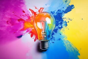 Light bulb exploding with colorful paint splashes, symbolizing creativity, innovation, and inspiration
