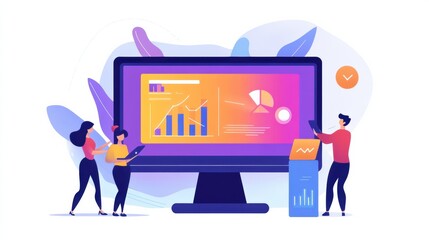 A team of professionals analyzing graphs and statistics on a computer screen