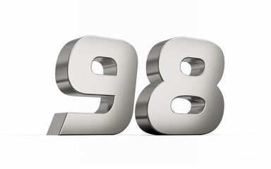 3d Silver number 98 Ninety eight sleek metallic look isolated on white background, 3d illustration