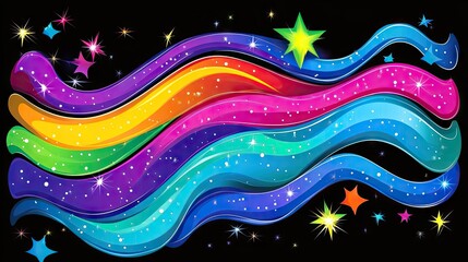 Vibrant rainbow waves with sparkling stars on a black background.