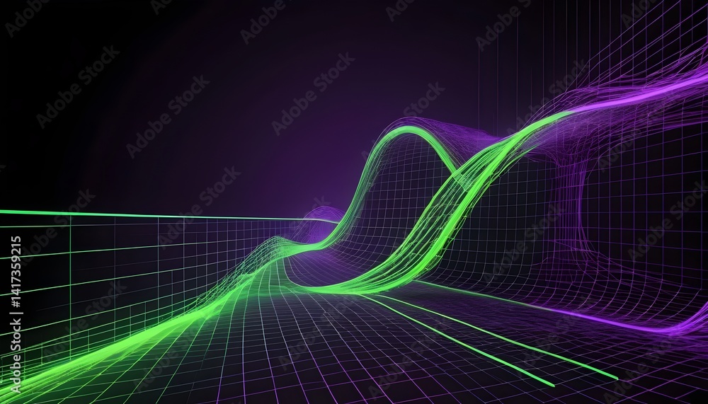 Poster abstract 3d render flowing neon lines and grids in purple and green