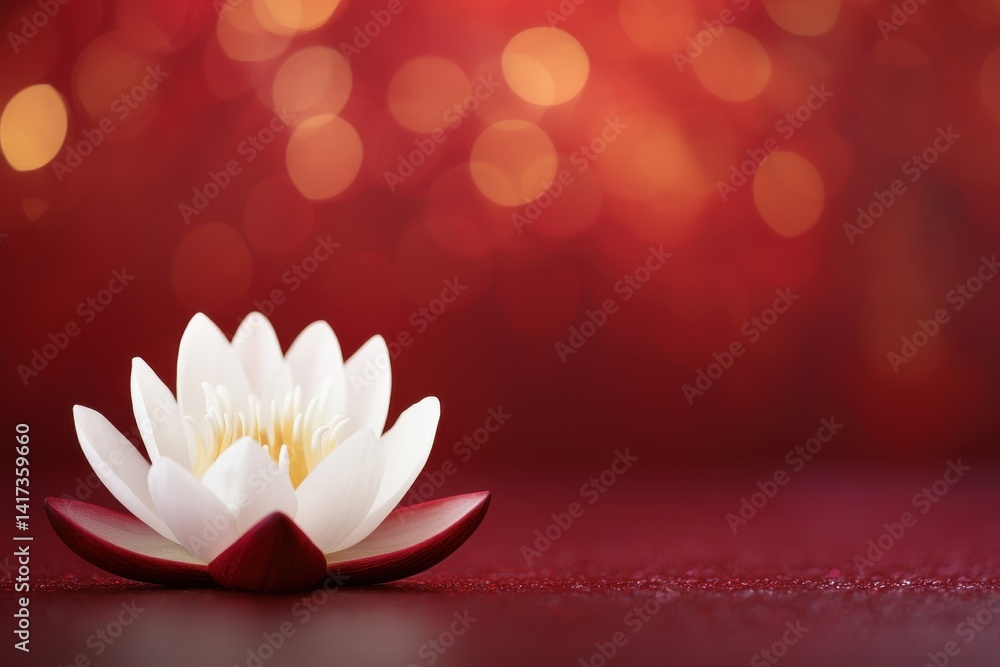 Poster elegant white lotus flower on red background with soft bokeh effect
