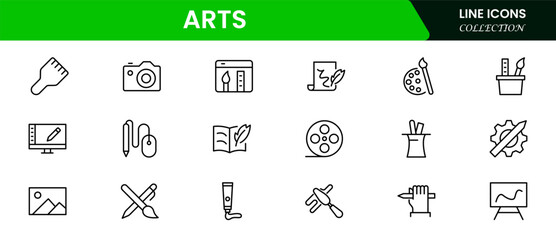 Set of line icons in linear style. Series  Art and culture. Creativity, sculpture, architecture, museum, theater, gallery and painting. Outline icon collection.