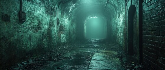 Naklejka premium Dark tunnel with arches and wet floor illuminated by distant light.
