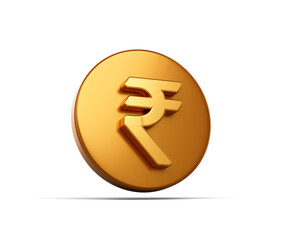 3d Golden coin with white Rupee symbol, representing Indian currency and finance. 3d illustration
