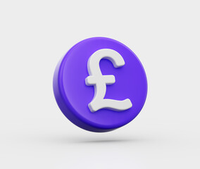 3D Purple coin with white Pound symbol, representing British currency and finance. 3d illustration