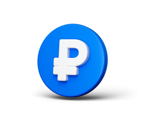 3D Render of a Blue coin featuring a white ruble symbol on its surface, 3d illustration