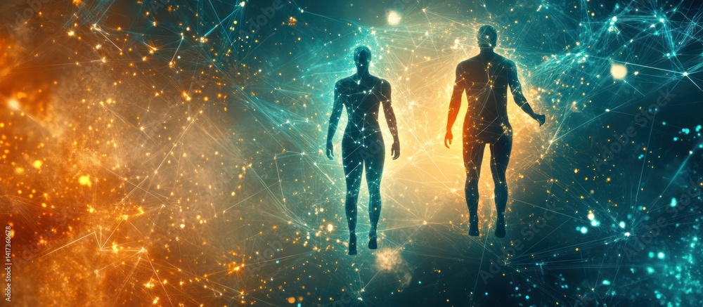 Poster abstract representation of the human form connected to a complex network