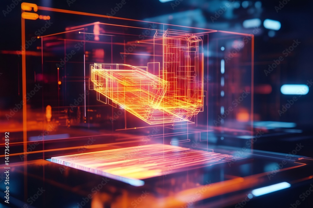 Poster complex geometric shapes appearing on holographic display, representing innovative product design in