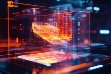 Fototapeta premium Complex geometric shapes appearing on holographic display, representing innovative product design in augmented reality environment