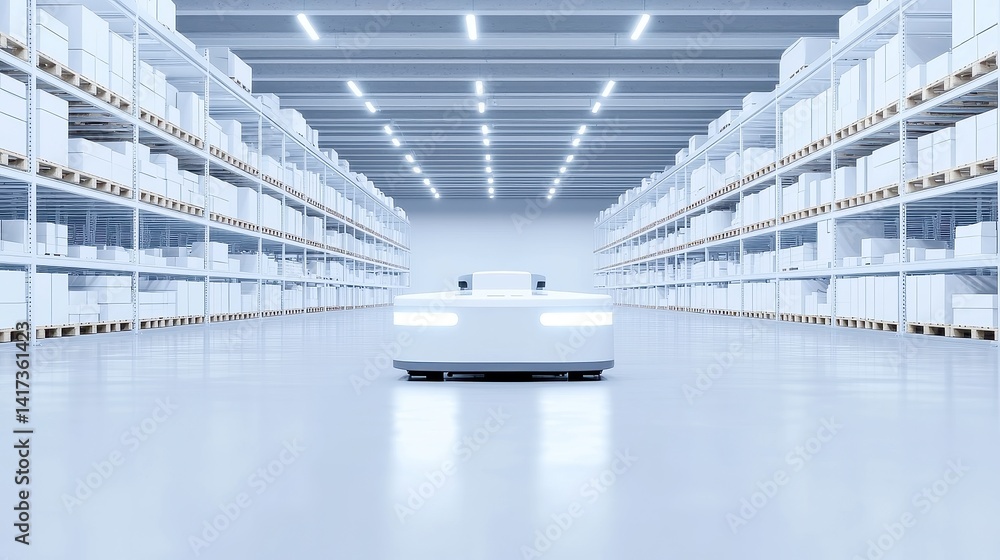 Aufkleber automated warehouse logistics blueprint, showcasing guided vehicles moving shelves, emphasizing navi