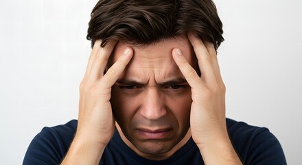 Distressed man clutching head displaying severe headache or anxiety attack