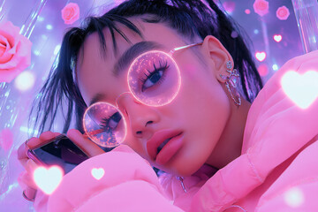 Closeup portrait of stylish girl with glowing pink glasses in dreamy neon environment