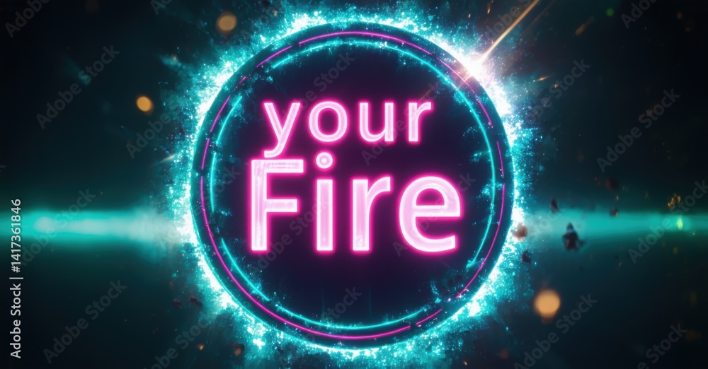 Poster bright circular design features text your fire. vivid pink, teal colors create energetic visual impa