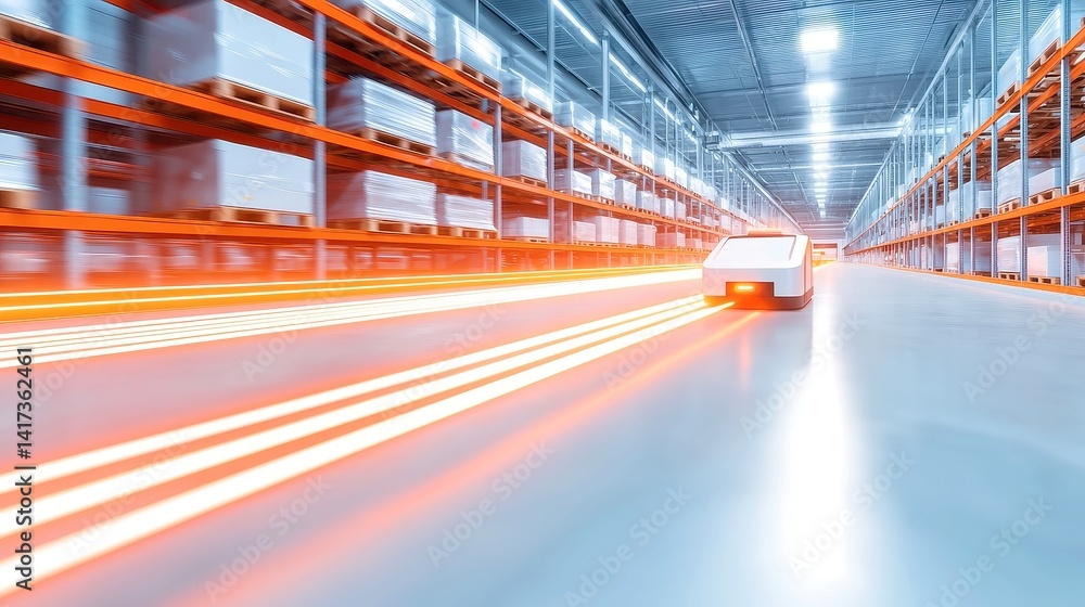 Poster dynamic logistics in a modern warehouse, automated guided vehicles swiftly transporting shelves, mot