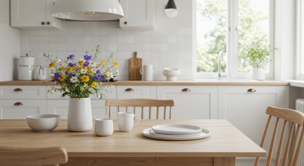 Bright and Airy Kitchen with Wooden Dining Table and Fresh Flower Arrangement in a Modern Interior Setting