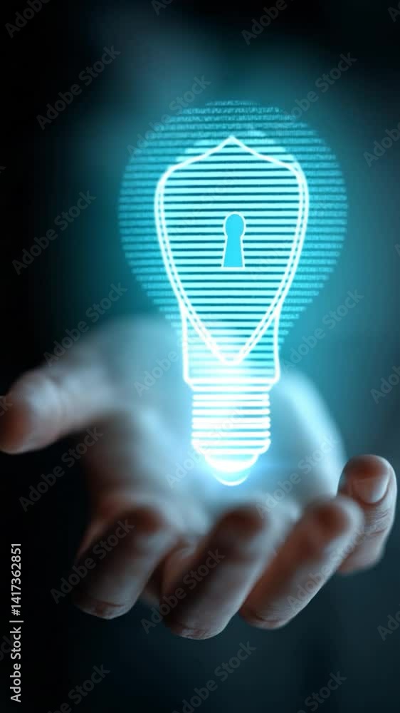 Poster a hand presenting a glowing lightbulb with a shield icon symbolizing secure ideas and innovation.