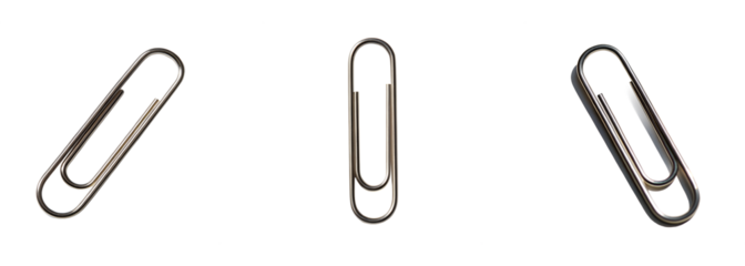 Three shiny metallic paper clips arranged on a bright white surface