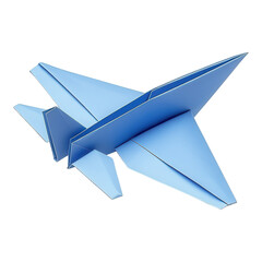 Intricate blue paper airplane gliding gracefully across a bright sky on transparent background