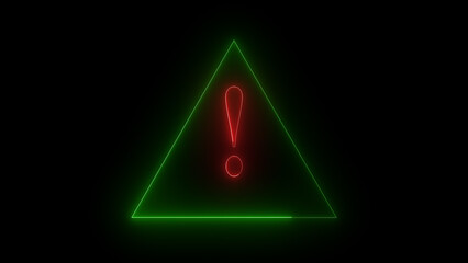 neon glowing red green color danger warning animation icon. danger road warning signs ,exclamation mark animated on danger warning signs symbol with black background.