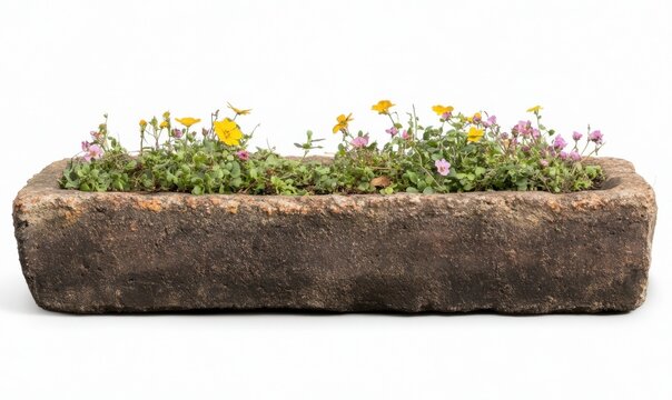 Stone trough planter with flowers, garden decoration, spring blooms, isolated background, home decor