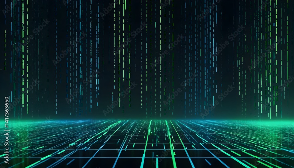 Aufkleber abstract digital rain background teal and green data stream falling on dark surface