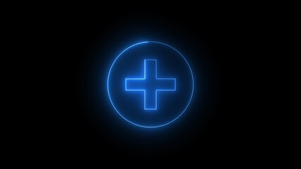 neon glowing blue color plus sign or help symbol with circle isolated on black background.