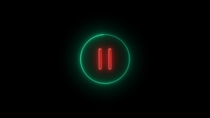 neon glowing video Pause button icon with red circle pause button in circle, video pause or play button sign icon isolated with a black background.