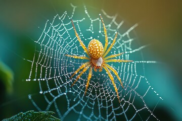 Yellow spider on dewy web