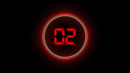 Glowing neon number two(02) with circle. Educational mathematics 2 number isolated on a black background.