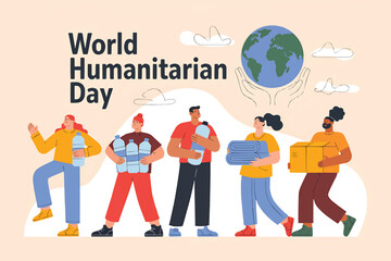 World humanitarian day illustration of people donating supplies for charity and aid relief