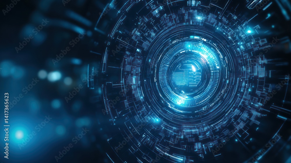 Poster futuristic technological interface with glowing blue circuitry and abstract elements