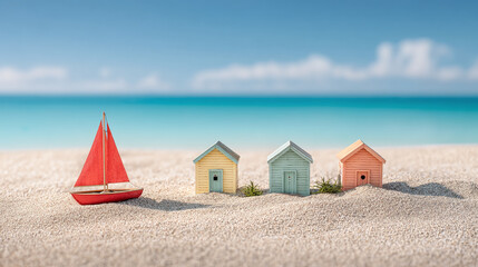 Miniature sailboat and beach houses on sandy beach, clear sky and ocean background, idyllic summer vacation scene, evokes feelings of relaxation and escape