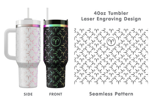 Aries zodiac sign laser engraving design for 40oz tumbler. Seamless from edge to edge. Full tumbler wrap. Vector illustration.