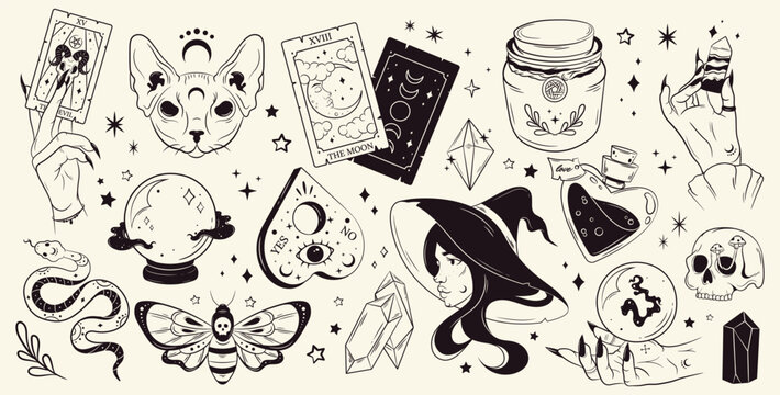 Mystical set of stickers. Hand-drawn magic and witchcraft elements. Skull,tarot cards, hand, witch, potion, cat, fortune ball. Halloween set.