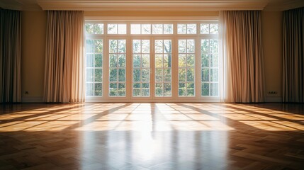 Fototapeta premium A large window offering natural light, framed by simple, unadorned curtains.