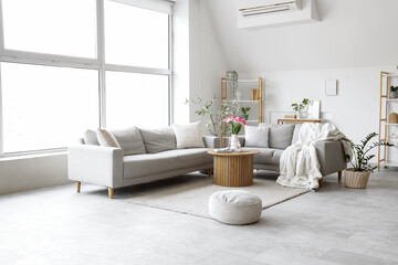 Interior of light living room with grey sofas, table and plants