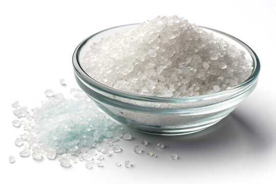 Zinc sulfate (ZnSO4) in a bowl on a solid white background